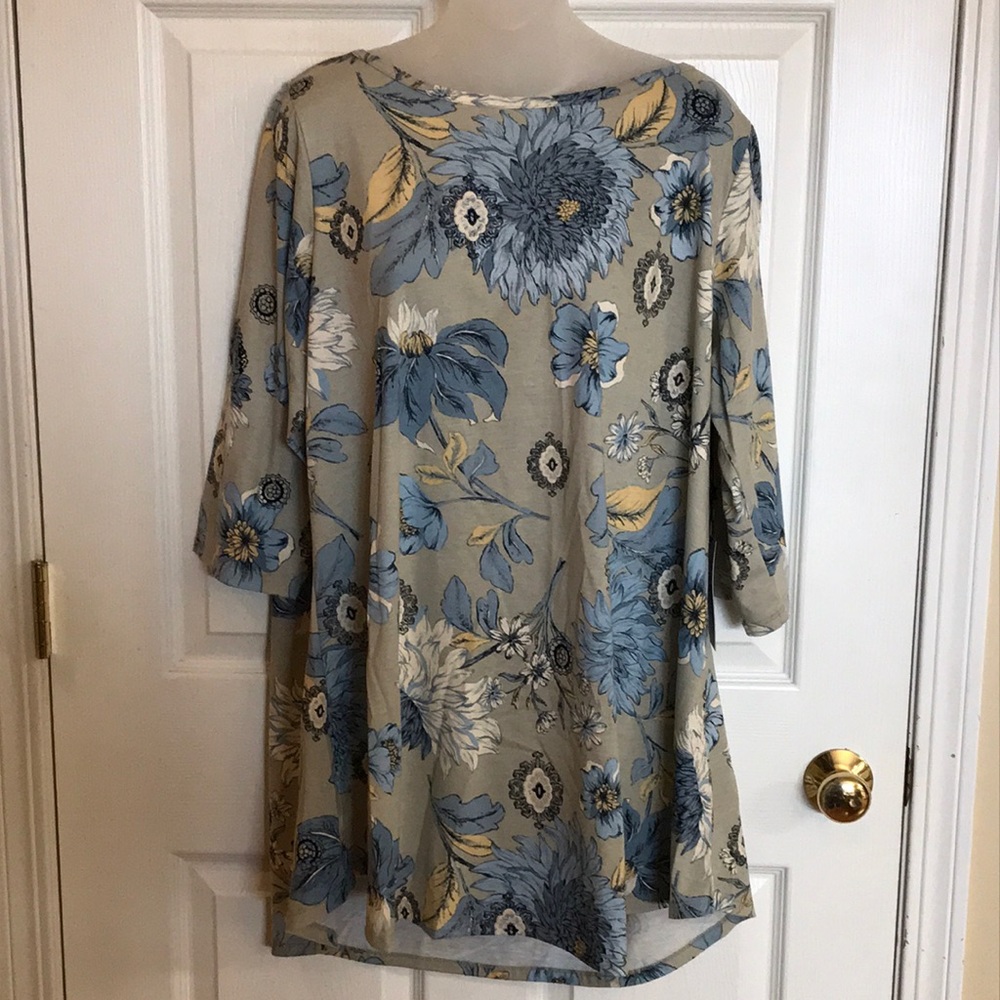DG2 by Diane Gilman tan & blue floral  bateau scoop neck tunic 1x NWT
